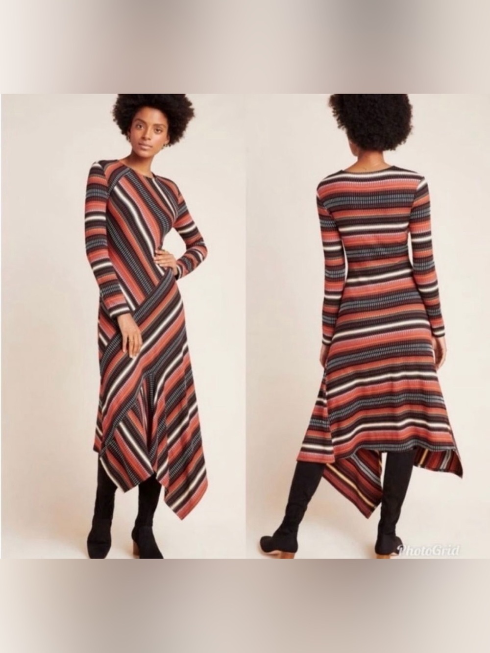 Anthropologie Maeve Parkside Knit Dress Boho Earthy Striped Handkerchief Hem L